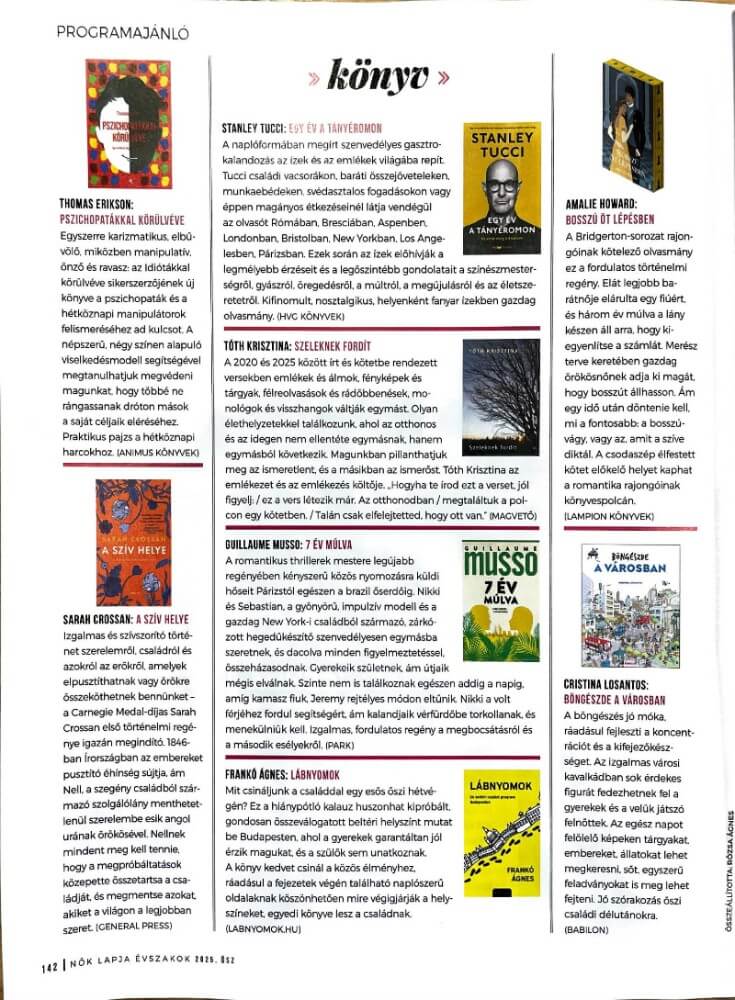 Nők lapja évszakok, 2025. őszi számában a Lábnyomok könyv a könyvajánló rovatban